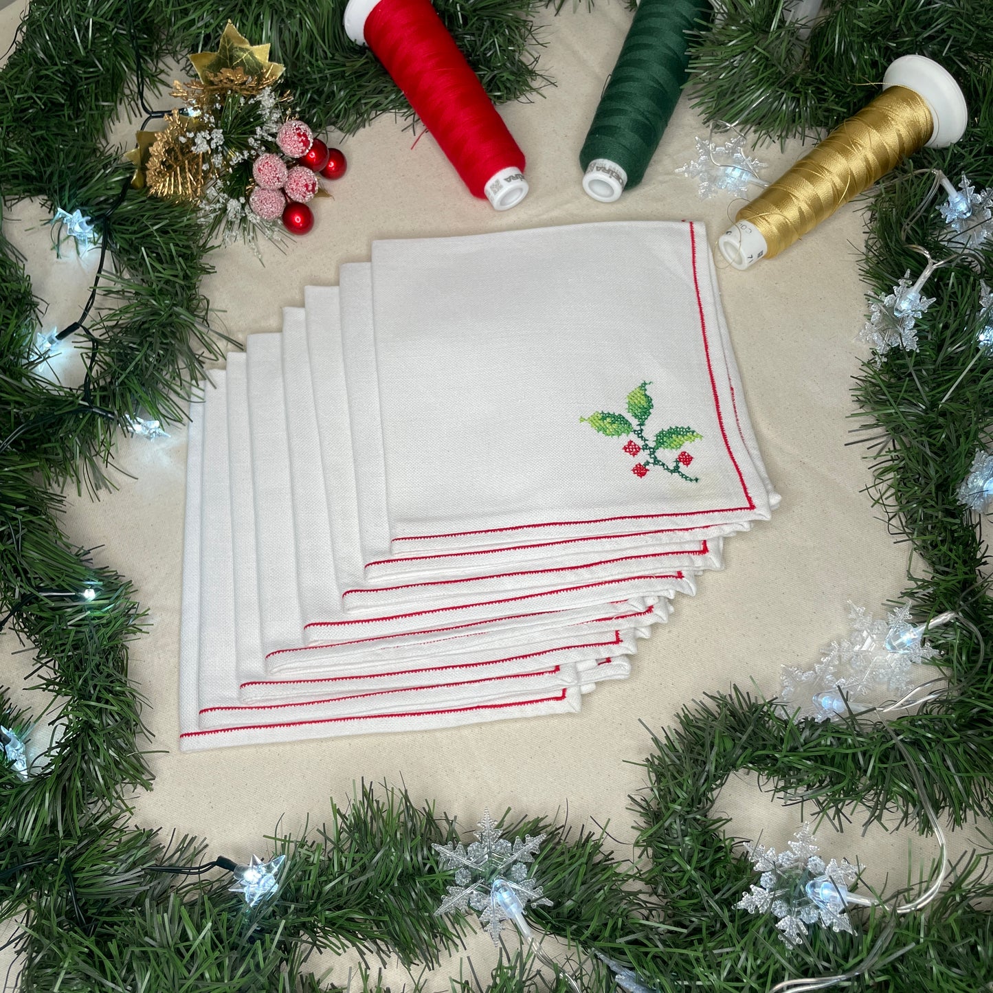 8 Cotton Dinner Napkins with Cross Stitched Holly