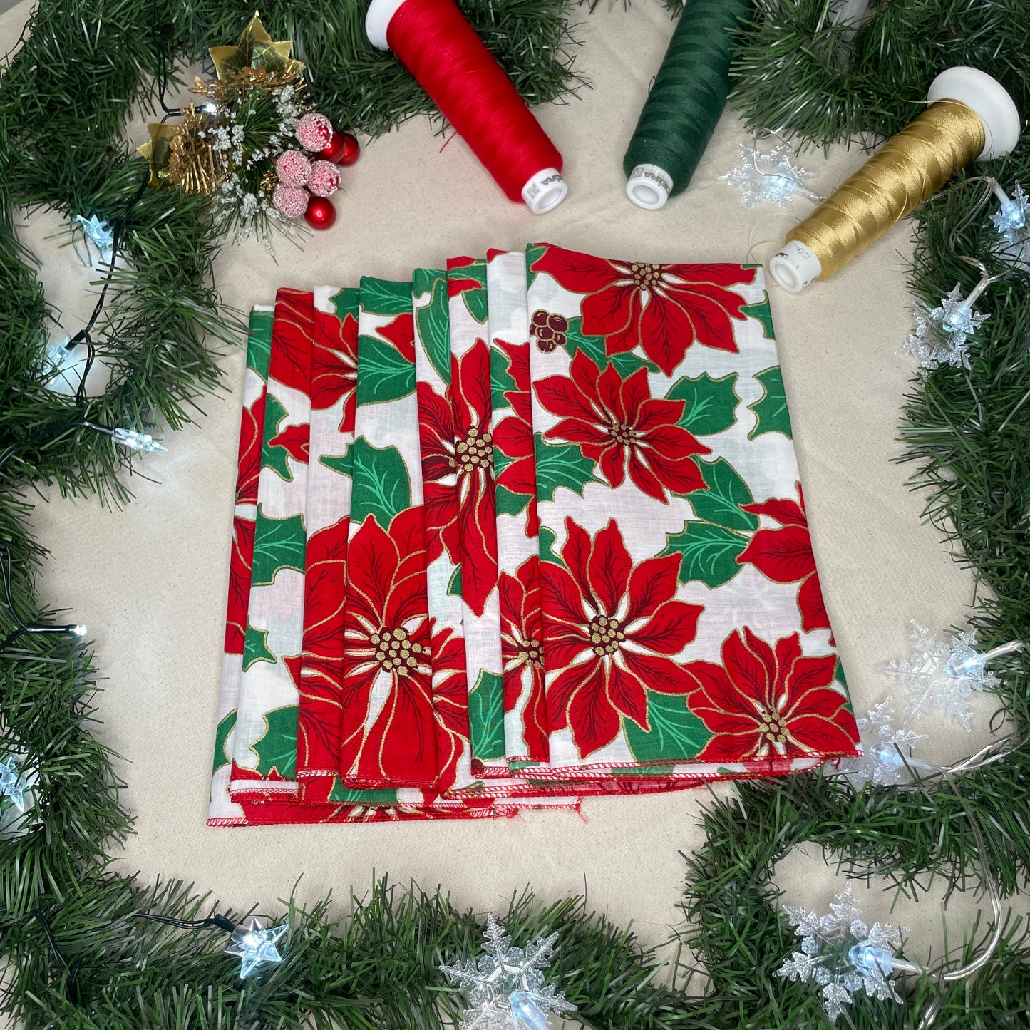 8 Gold Accented Poinsettia Print Dinner Napkins