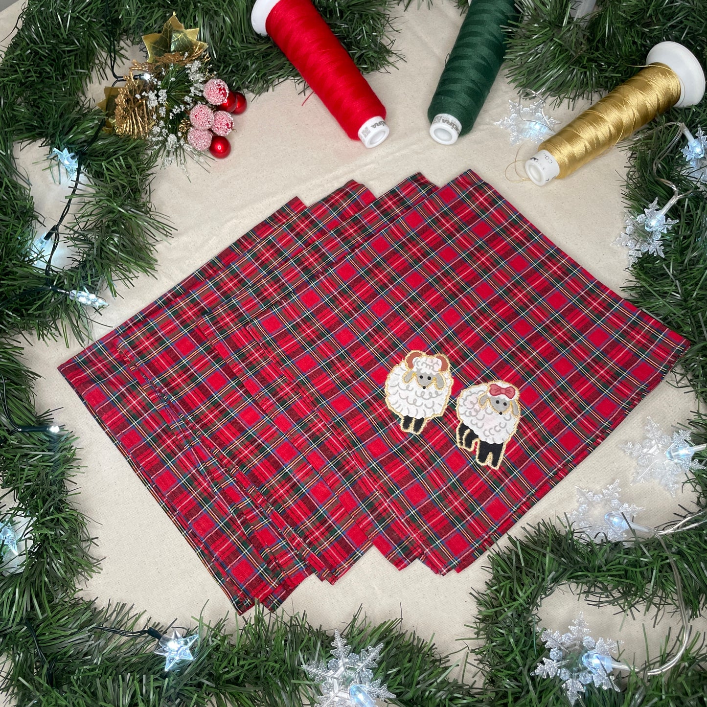 4 Sheep Appliqué Cotton Dinner Napkins