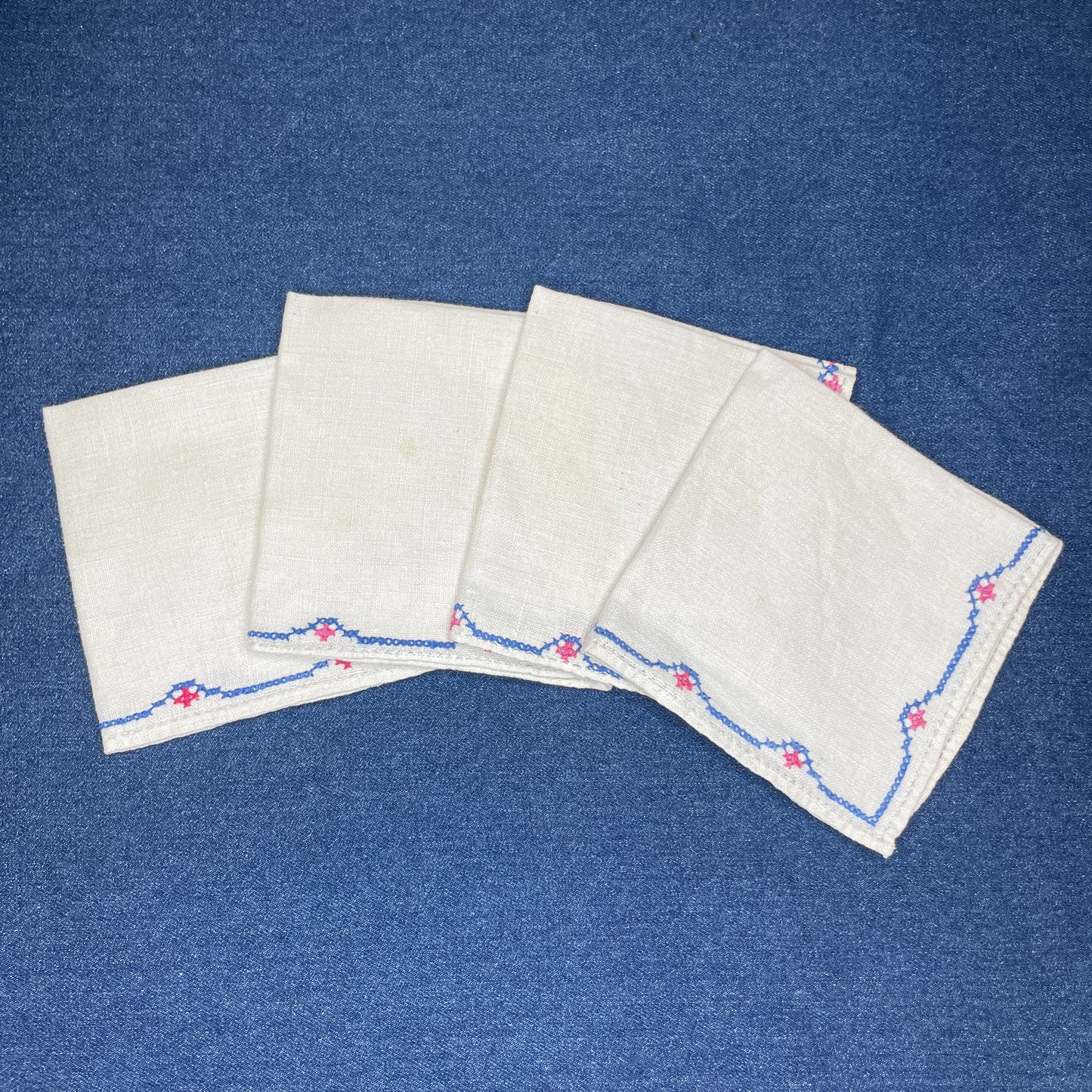 4 Cross-Stitched Cocktail Napkins