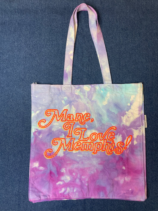 “Mane, I Love Memphis!” Trippy Glow Shopper Tote, Blueberry and Psychedelic Orange