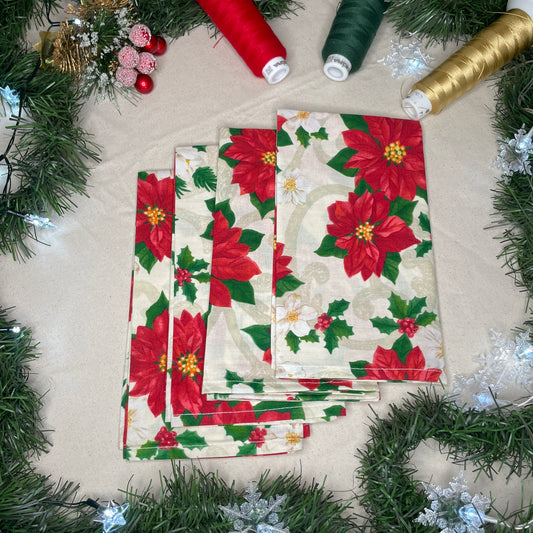 4 Cotton Poinsettia Print Dinner Napkins