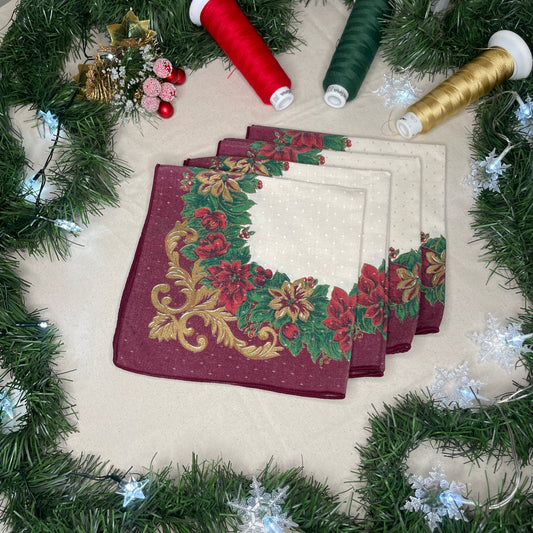 4 Festive Maroon & White Dinner Napkins