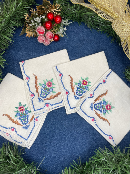 4 Cross-Stitched Cocktail Napkins